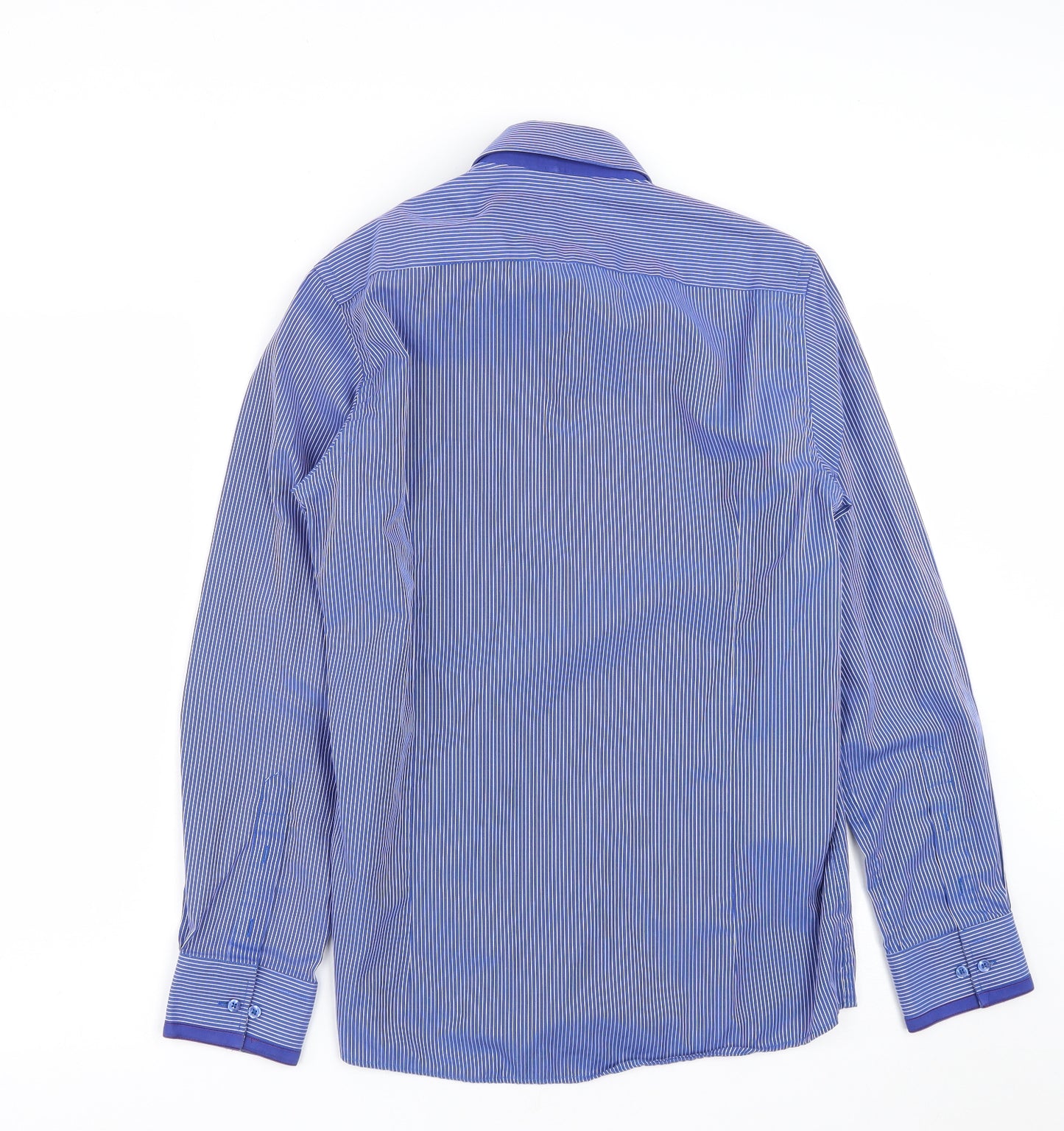 Guide London Mens Blue Striped Cotton  Button-Up Size M Collared Button