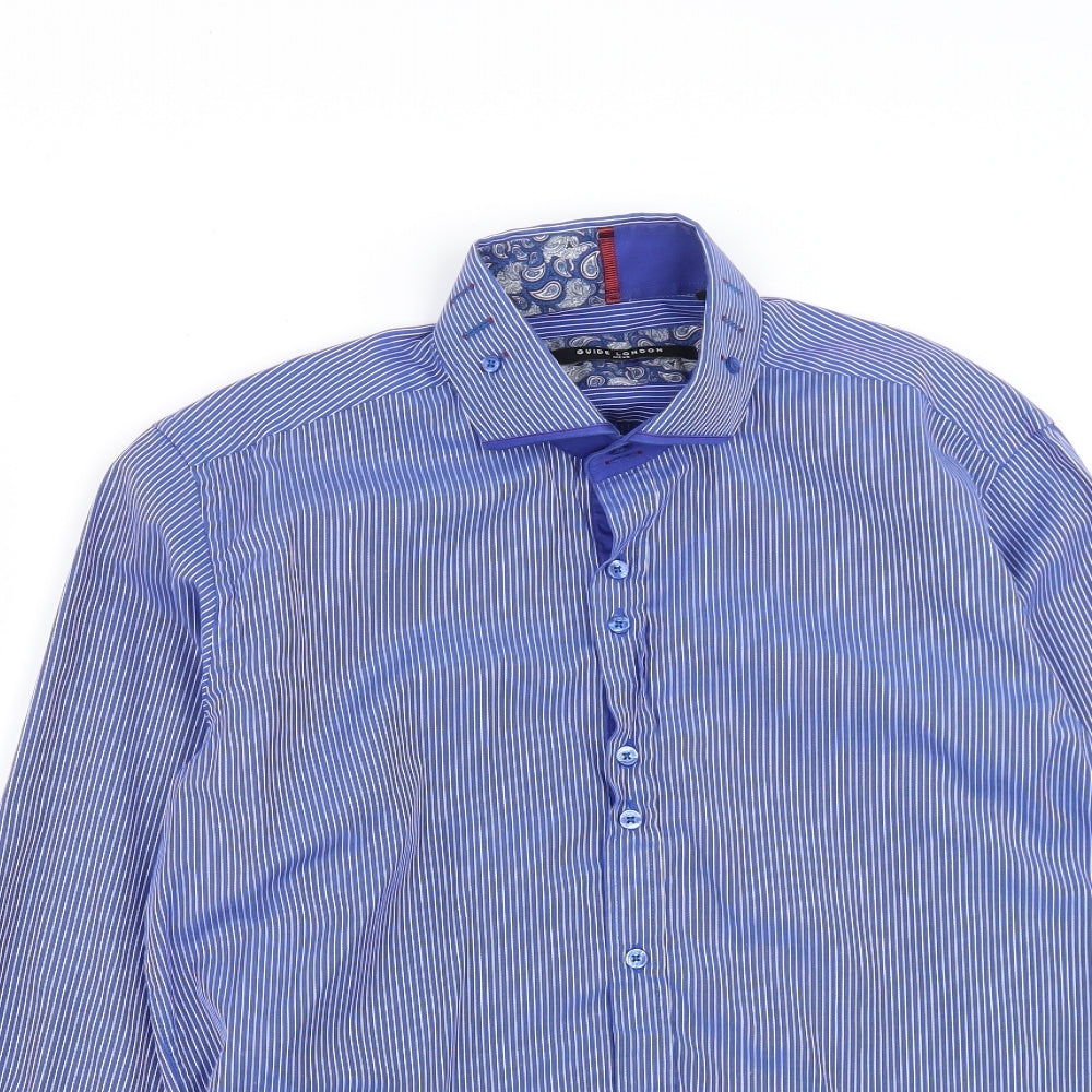 Guide London Mens Blue Striped Cotton  Button-Up Size M Collared Button