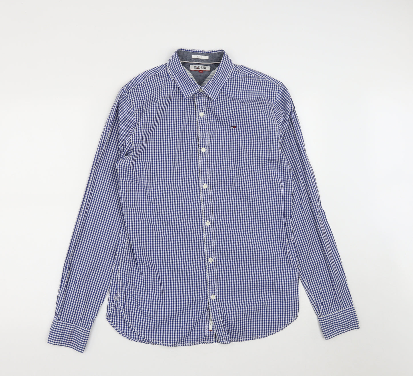 Hilfiger Denim Mens Blue Check Cotton  Button-Up Size S Collared Button