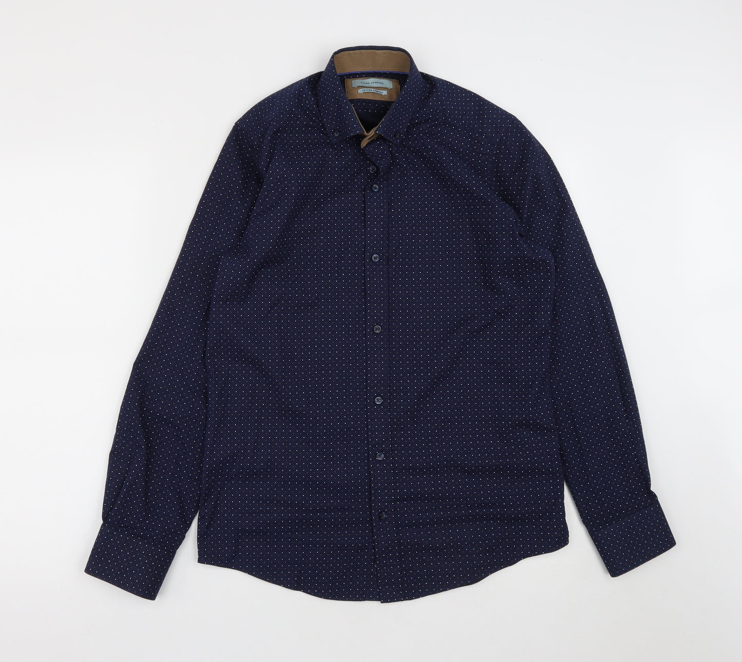 Guide London Mens Blue Polka Dot Cotton  Button-Up Size S Collared Button