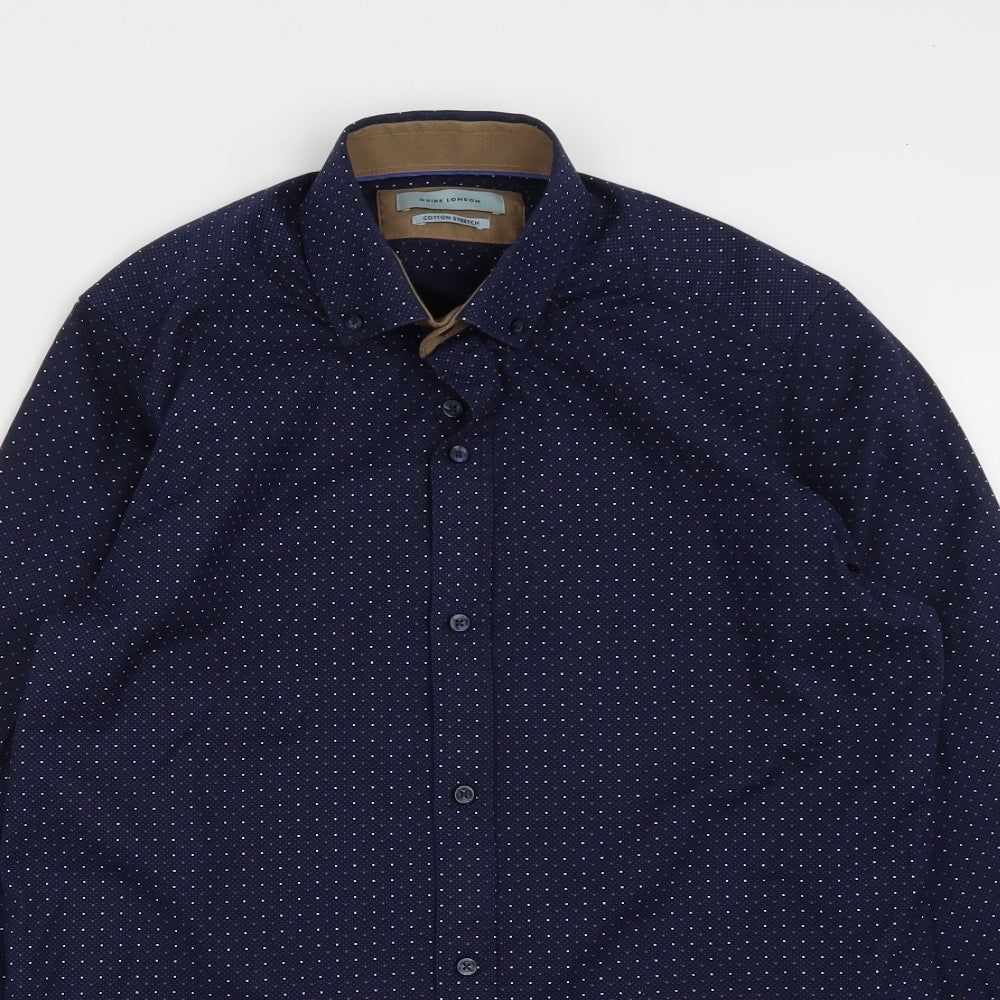 Guide London Mens Blue Polka Dot Cotton  Button-Up Size S Collared Button