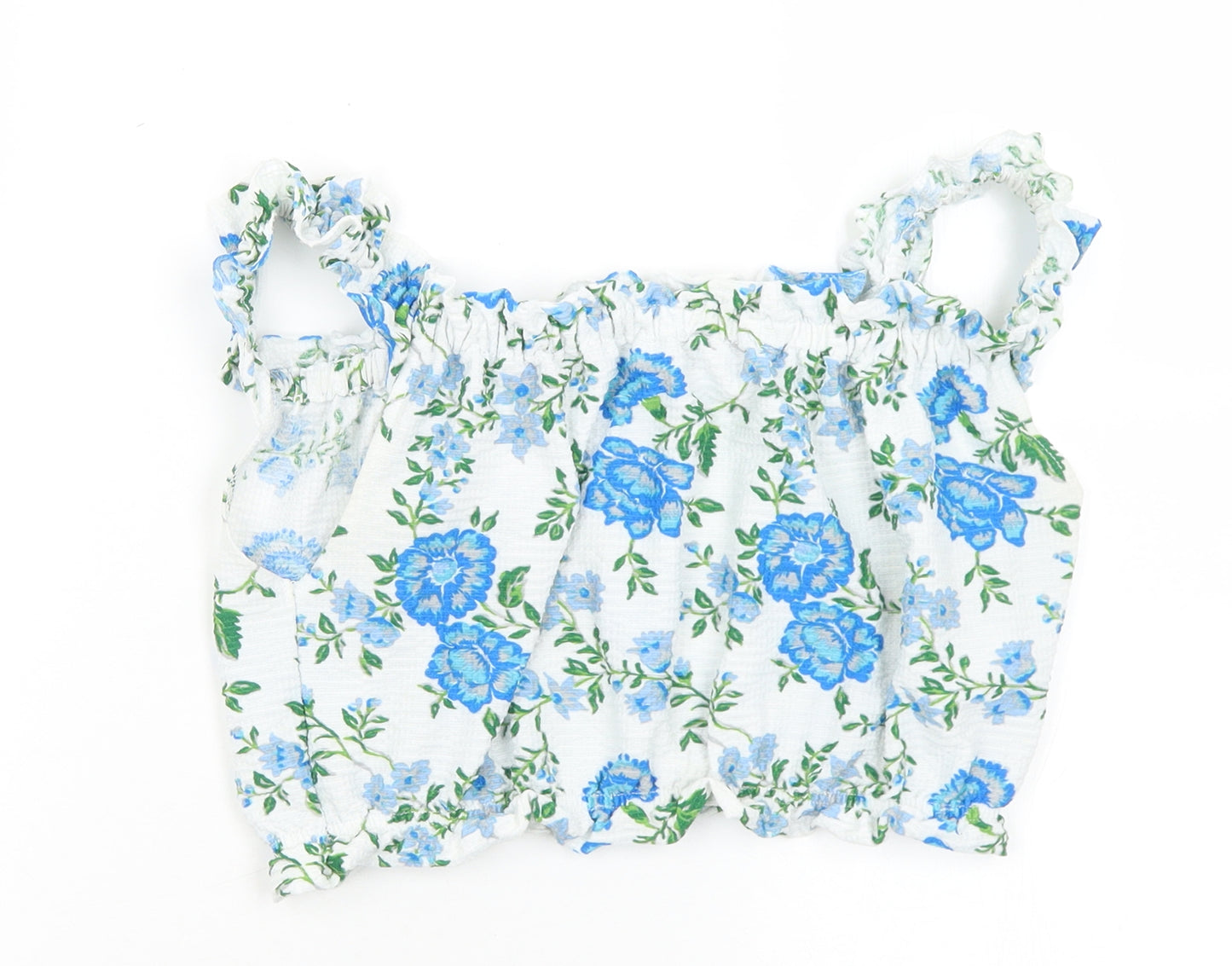 Topshop Womens Blue Floral Polyester Cropped Blouse Size 10 Round Neck