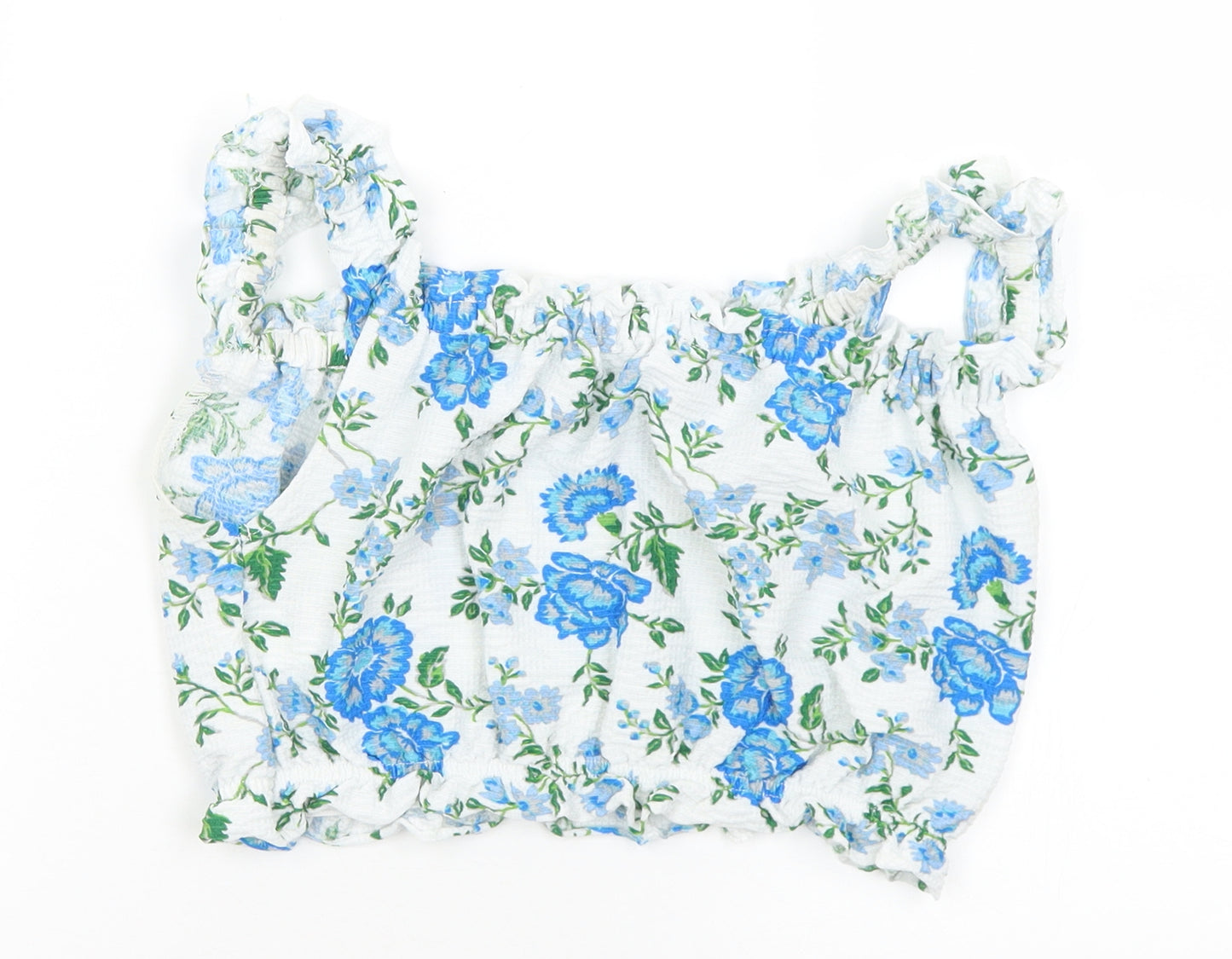 Topshop Womens Blue Floral Polyester Cropped Blouse Size 10 Round Neck