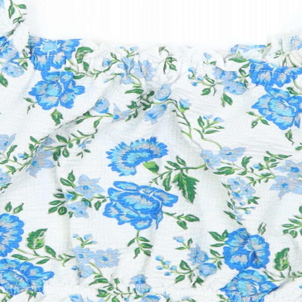Topshop Womens Blue Floral Polyester Cropped Blouse Size 10 Round Neck