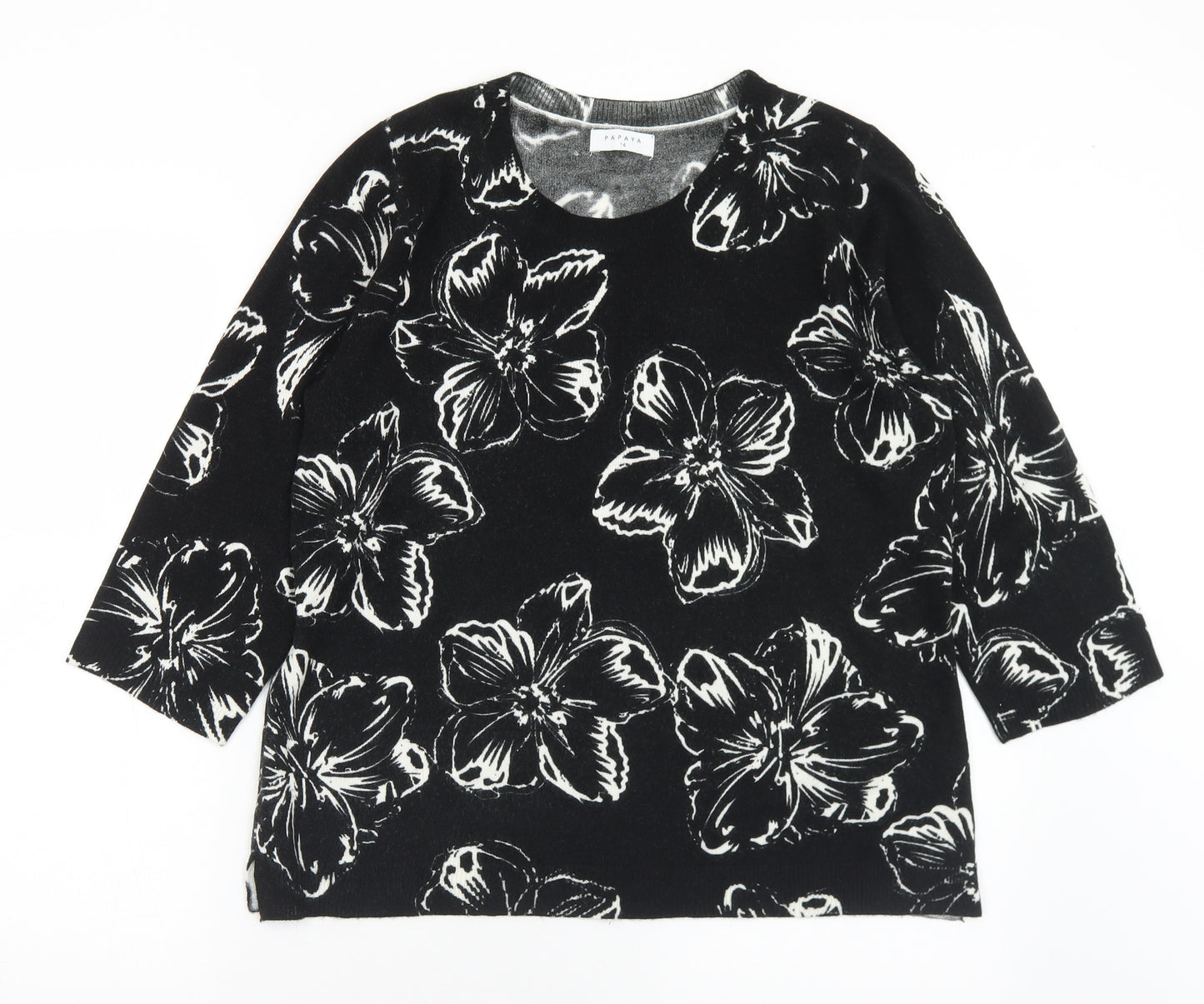 Matalan Womens Black Round Neck Floral Acrylic Pullover Jumper Size 14