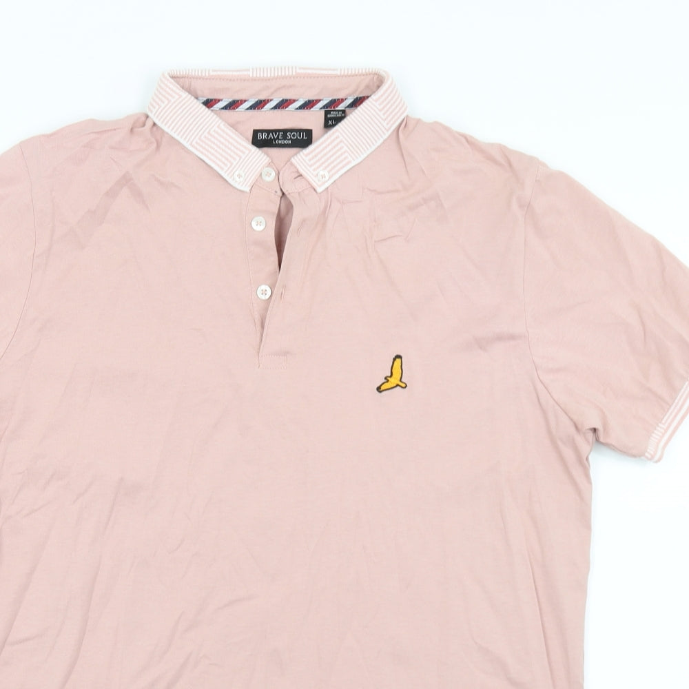 Brave Soul Mens Pink  Cotton  Polo Size XL Collared Button