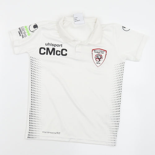 Uhlsport Boys White  Polyester Basic Polo Size 10-11 Years Collared  - Ballyoran Football Club