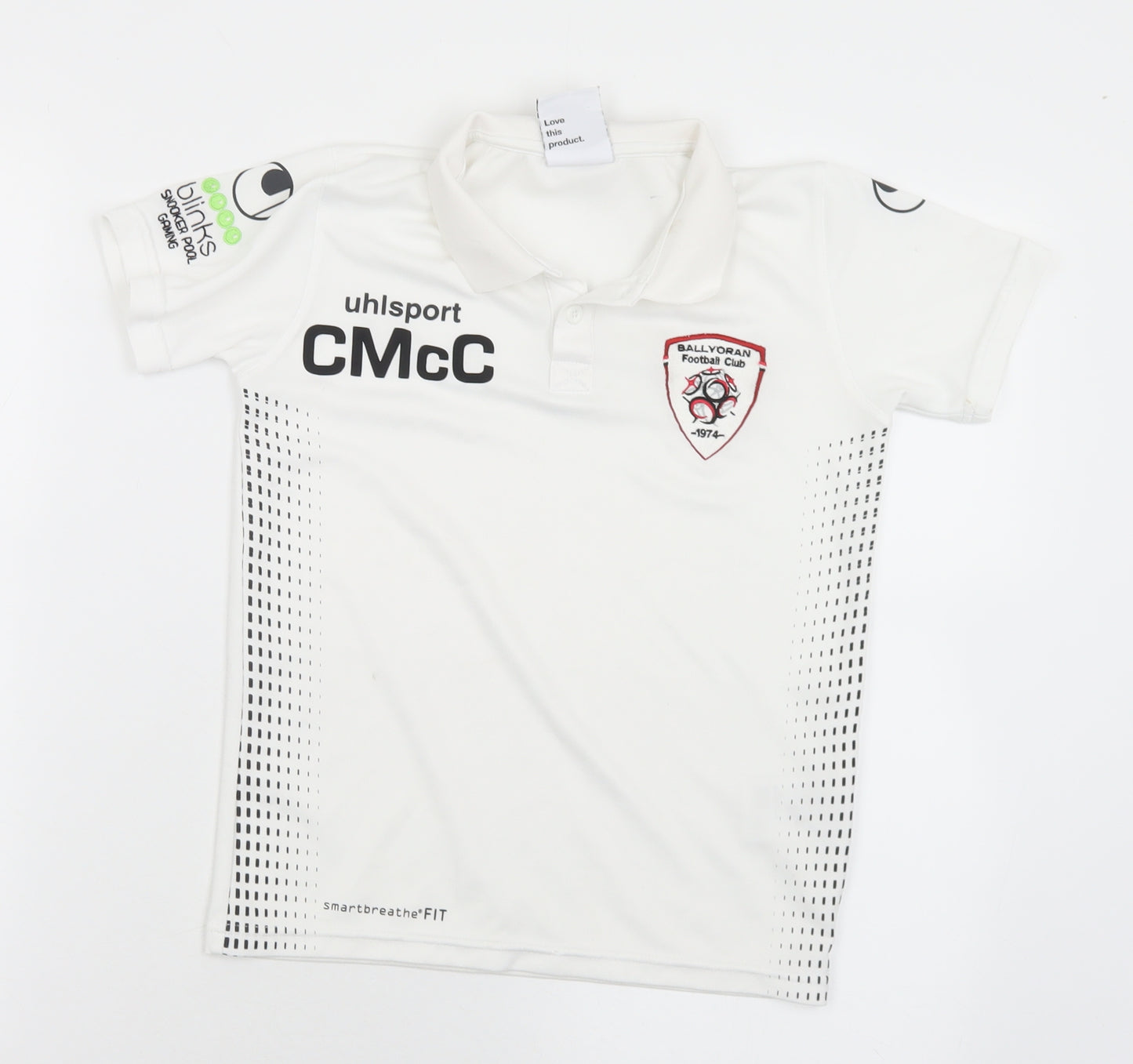 Uhlsport Boys White  Polyester Basic Polo Size 10-11 Years Collared  - Ballyoran Football Club