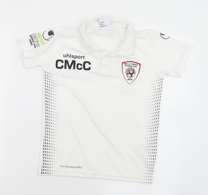 Uhlsport Boys White  Polyester Basic Polo Size 10-11 Years Collared  - Ballyoran Football Club