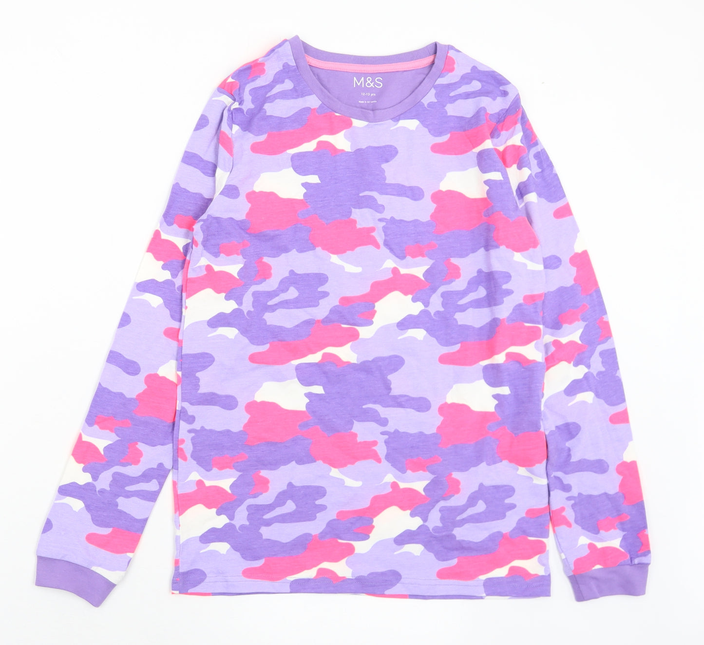 Marks and Spencer Girls Multicoloured Camouflage Cotton Jersey T-Shirt Size 12-13 Years Crew Neck