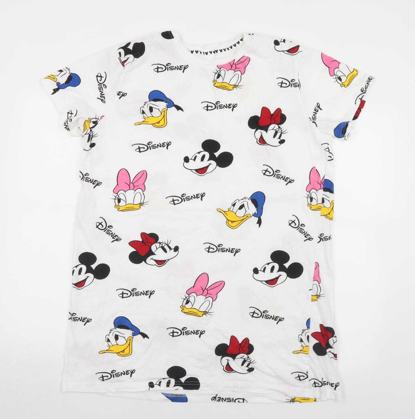 Primark Womens White Geometric Cotton Basic T-Shirt Size 12 Crew Neck - Disney 12/14