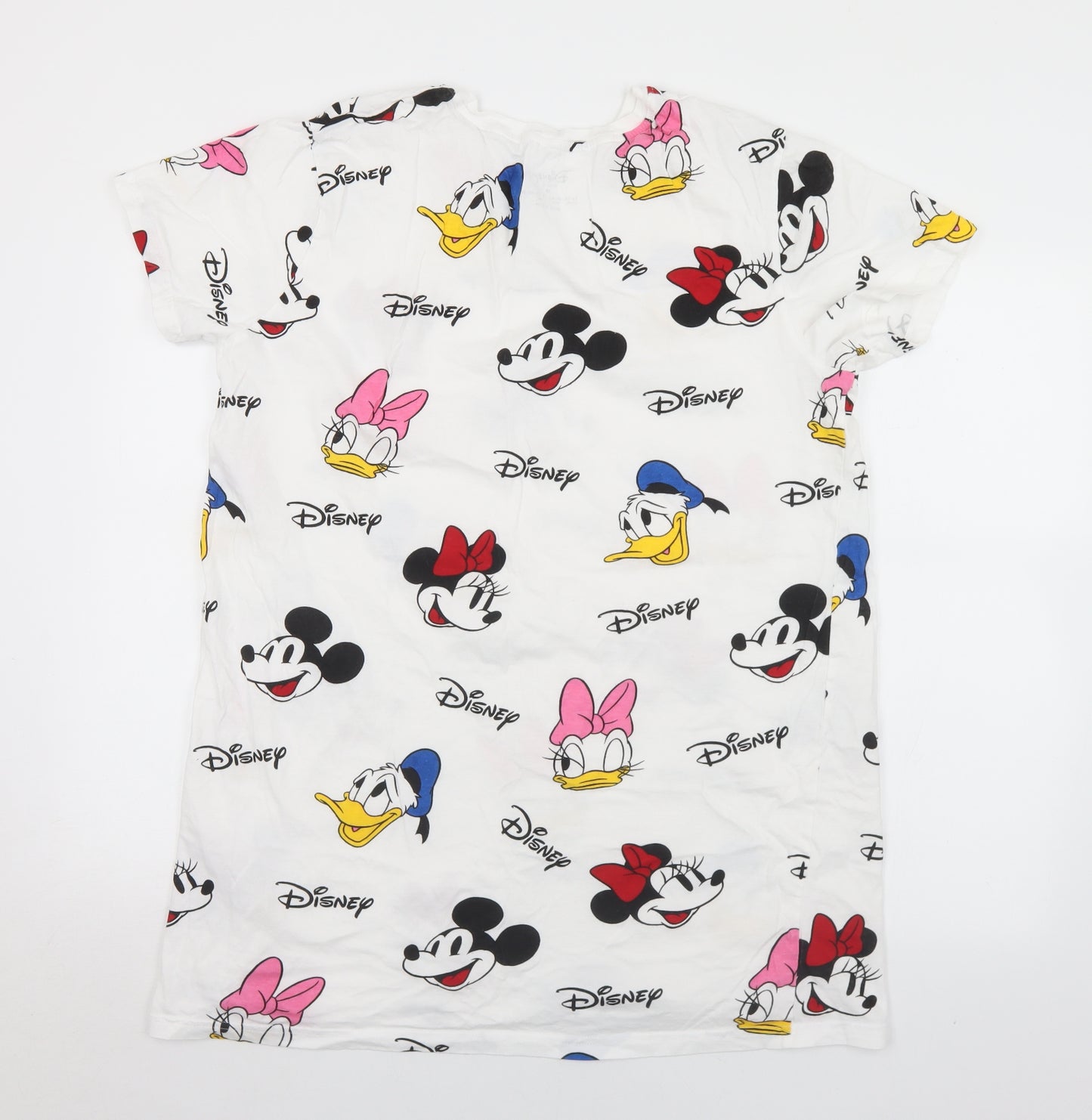 Primark Womens White Geometric Cotton Basic T-Shirt Size 12 Crew Neck - Disney 12/14