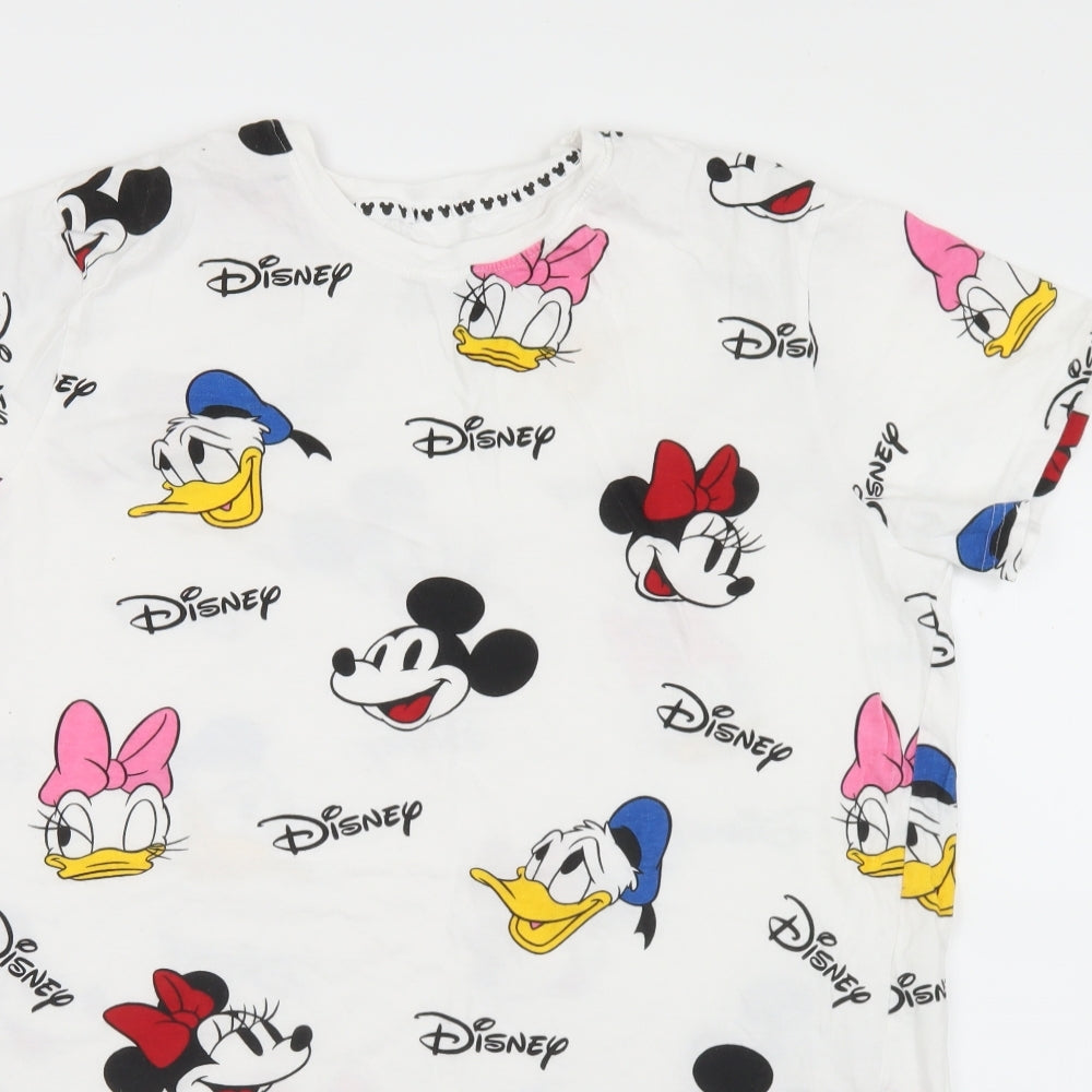Primark Womens White Geometric Cotton Basic T-Shirt Size 12 Crew Neck - Disney 12/14