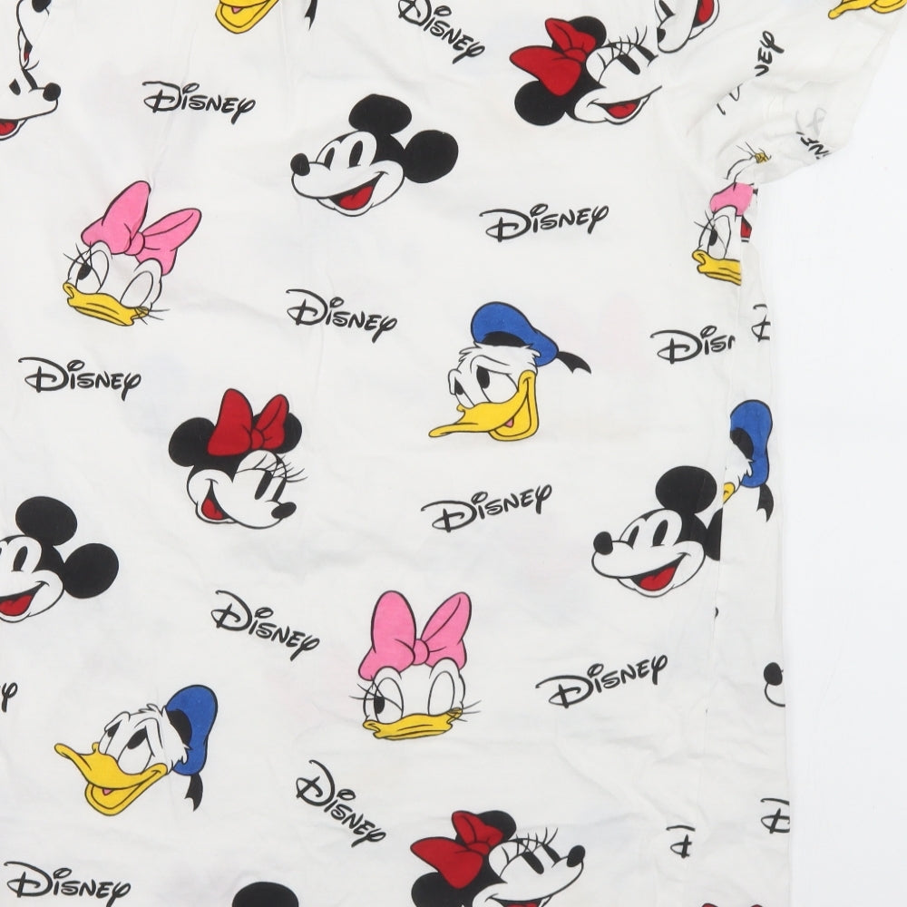 Primark Womens White Geometric Cotton Basic T-Shirt Size 12 Crew Neck - Disney 12/14