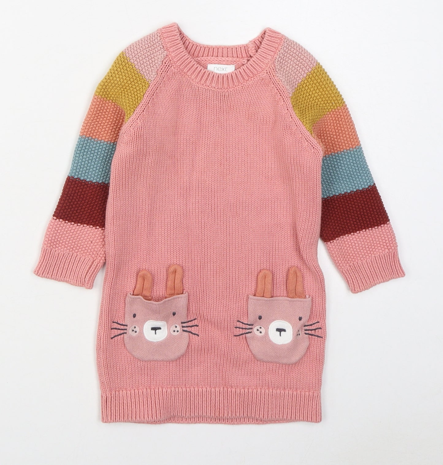 NEXT Girls Pink Striped 100% Cotton Jumper Dress  Size 12-18 Months  Round Neck Pullover