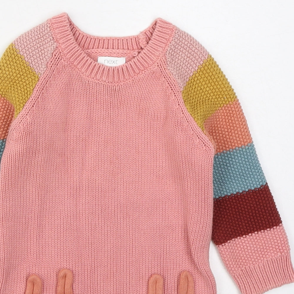 NEXT Girls Pink Striped 100% Cotton Jumper Dress  Size 12-18 Months  Round Neck Pullover