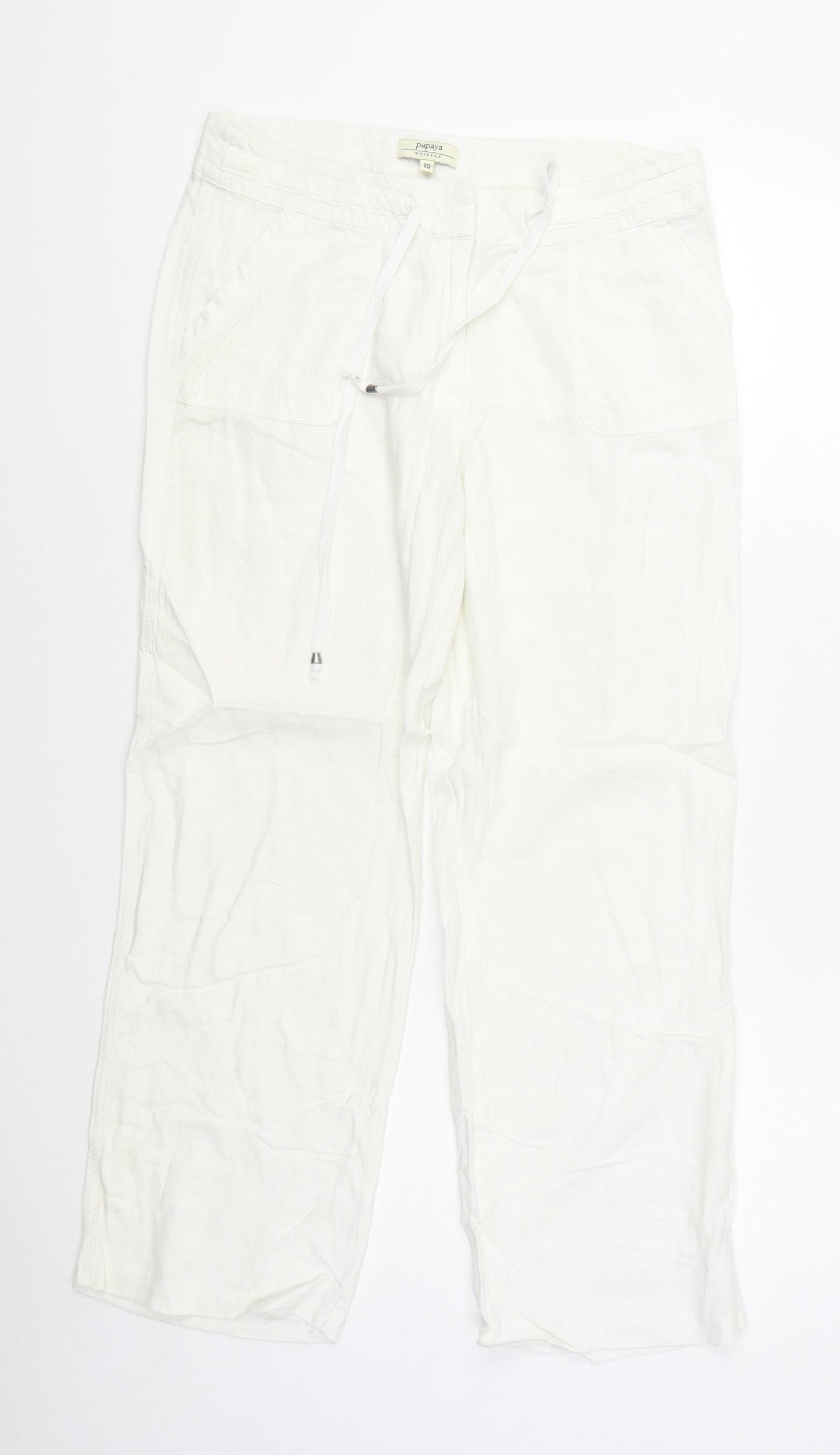 Papaya Womens White  Linen Trousers  Size 10 L28 in Regular Zip