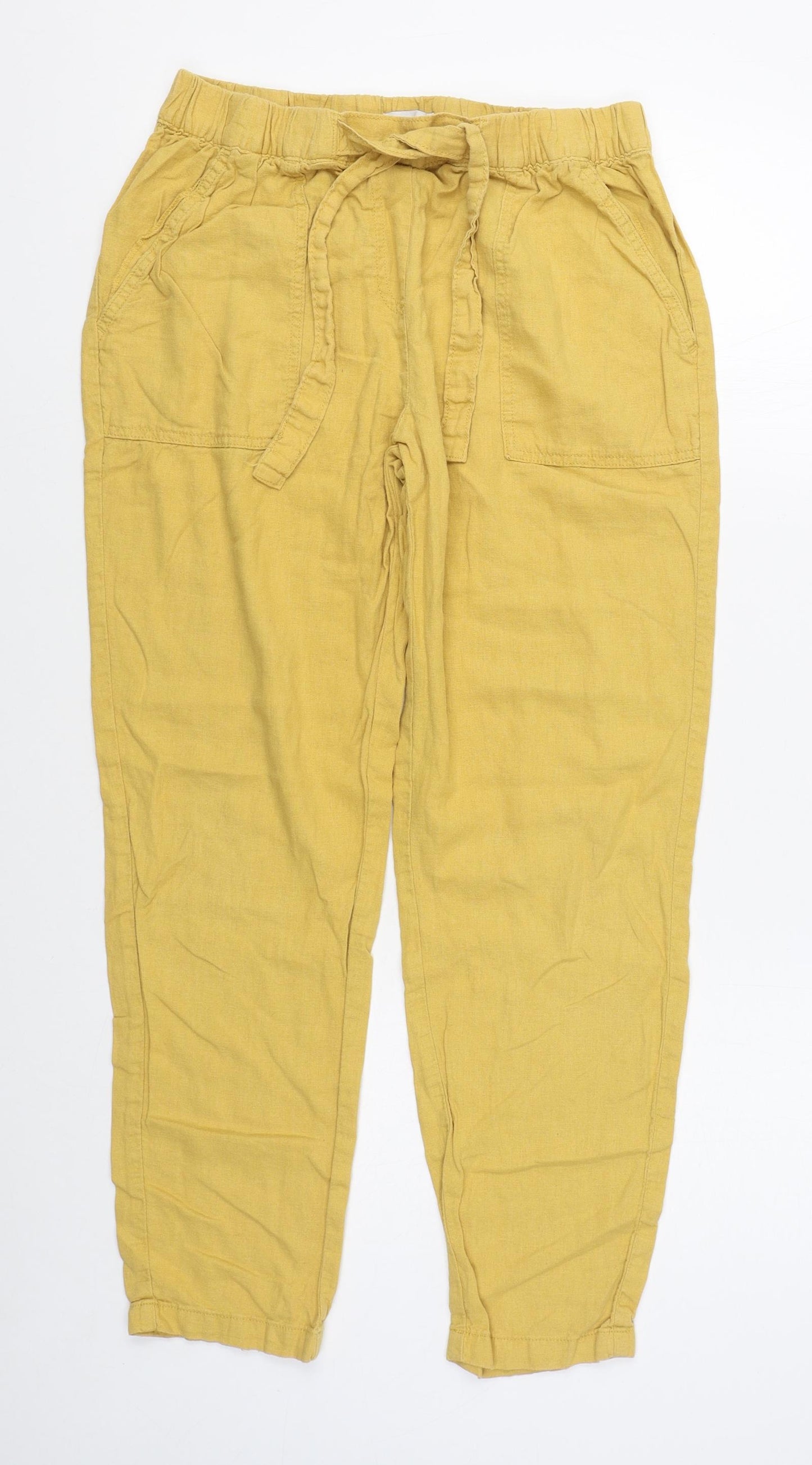 Papaya Womens Yellow  Linen Trousers  Size 12 L29 in Regular Tie