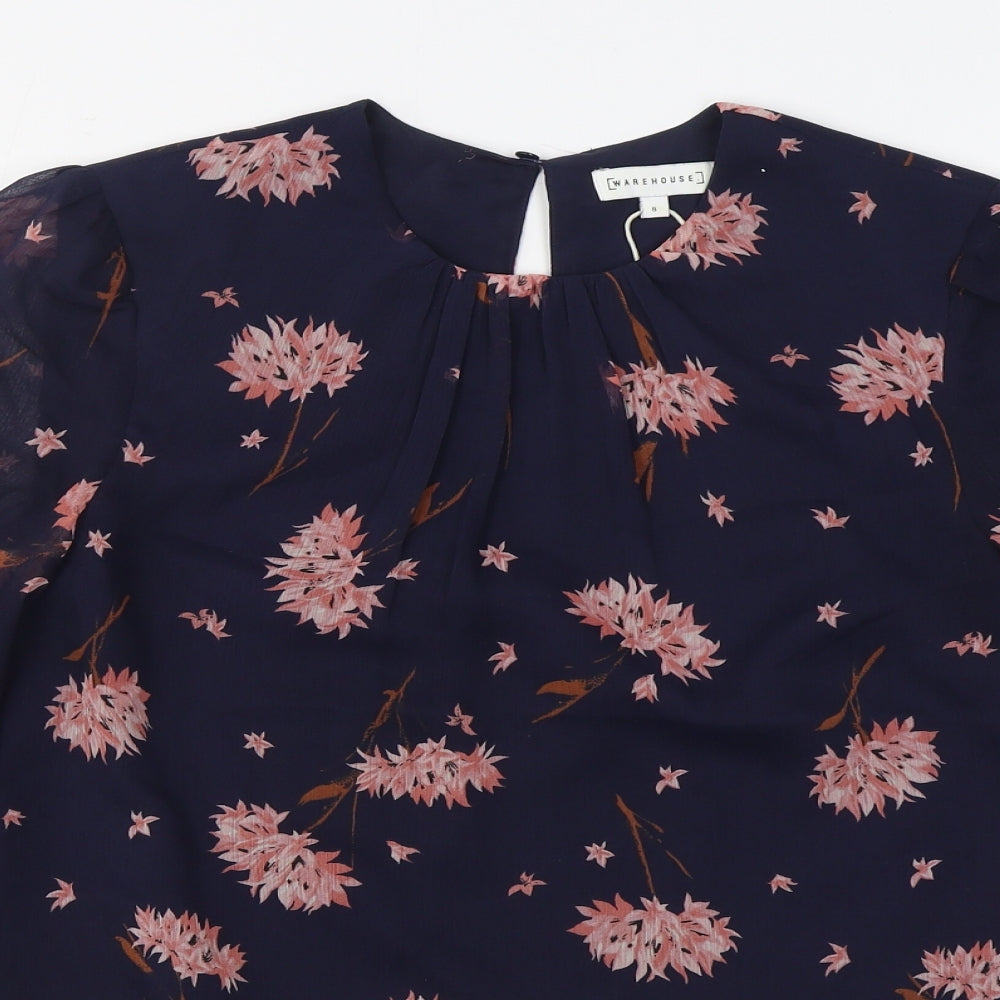 Warehouse Womens Blue Floral Polyester Basic Blouse Size 8 Round Neck