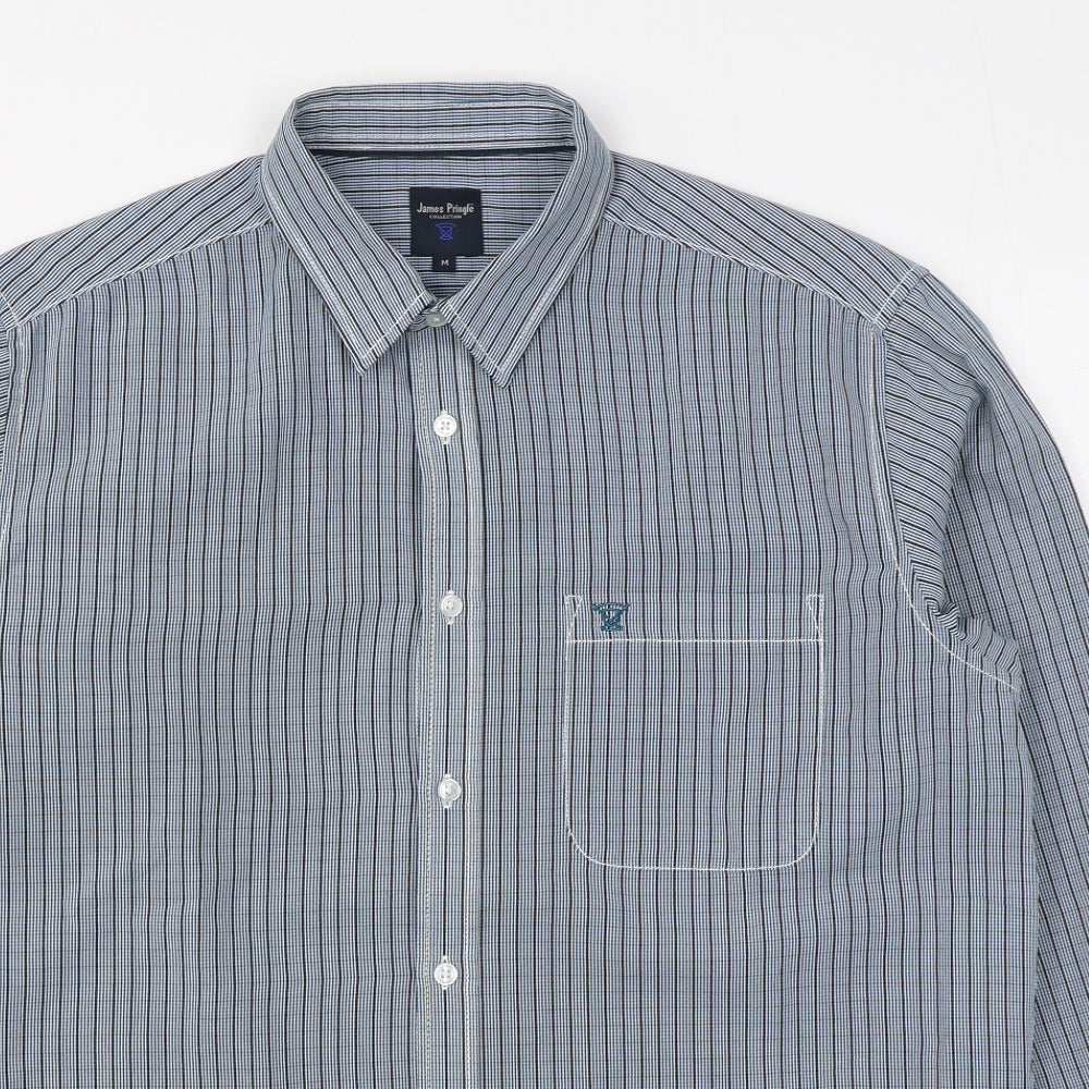 James Pringle       Mens Blue Striped Polyester  Button-Up Size M Collared Button