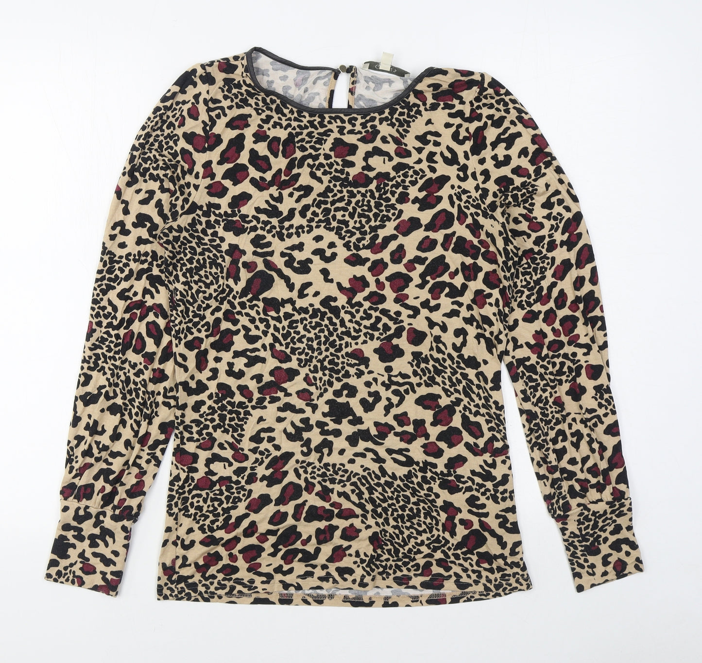 Oasis Womens Brown Animal Print Viscose Basic T-Shirt Size S Boat Neck