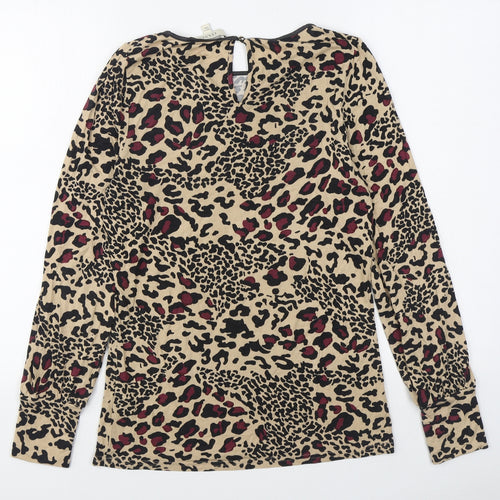 Oasis Womens Brown Animal Print Viscose Basic T-Shirt Size S Boat Neck