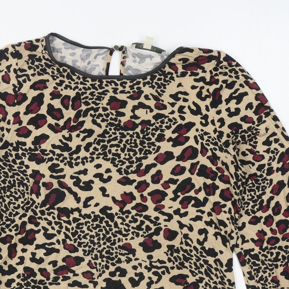 Oasis Womens Brown Animal Print Viscose Basic T-Shirt Size S Boat Neck