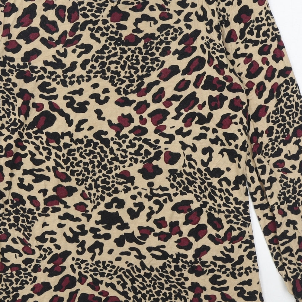 Oasis Womens Brown Animal Print Viscose Basic T-Shirt Size S Boat Neck