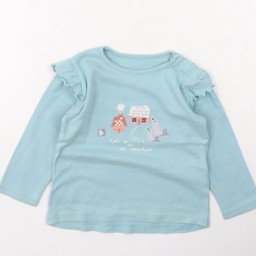 Marks and Spencer Girls Blue  Cotton Basic Casual Size 12-18 Months Round Neck