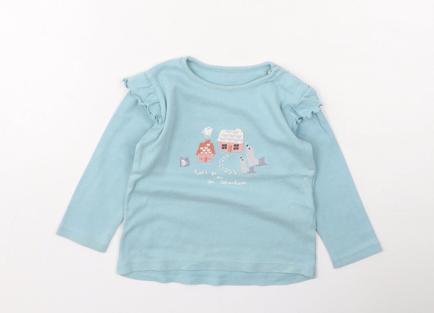 Marks and Spencer Girls Blue  Cotton Basic Casual Size 12-18 Months Round Neck