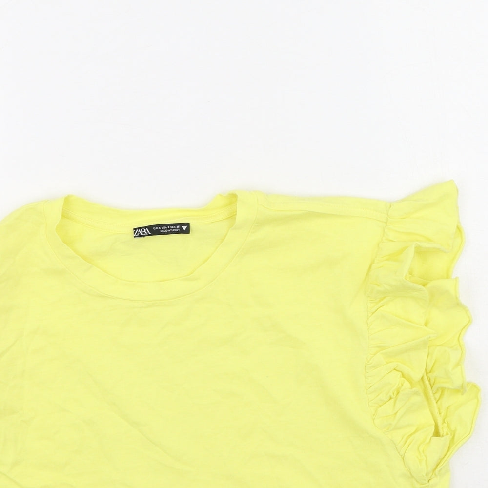 Zara Womens Yellow  Cotton Basic T-Shirt Size S Round Neck