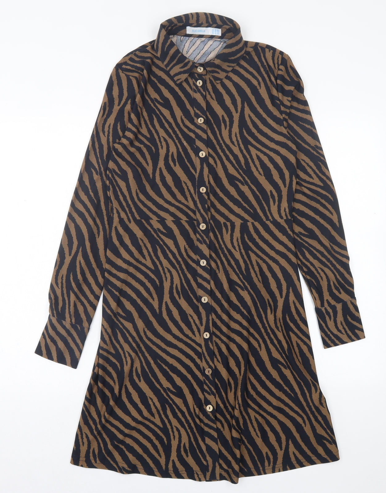 Blue Vanilla Womens Brown Animal Print Polyester A-Line  Size 10  Collared Button