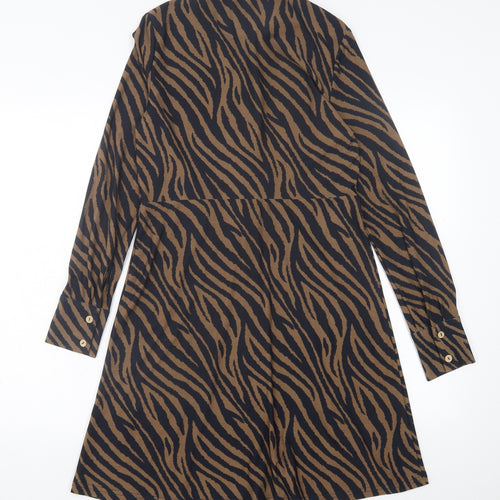 Blue Vanilla Womens Brown Animal Print Polyester A-Line  Size 10  Collared Button