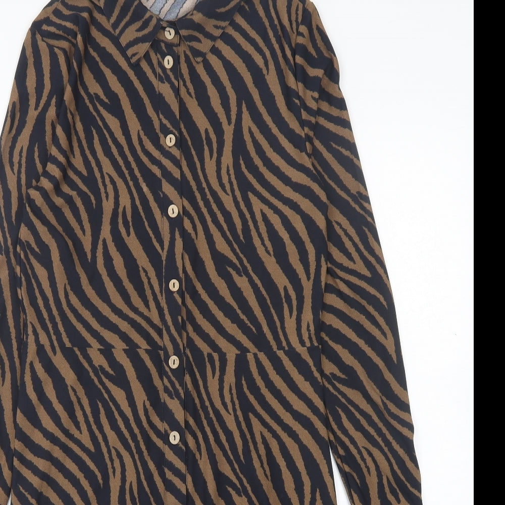 Blue Vanilla Womens Brown Animal Print Polyester A-Line  Size 10  Collared Button