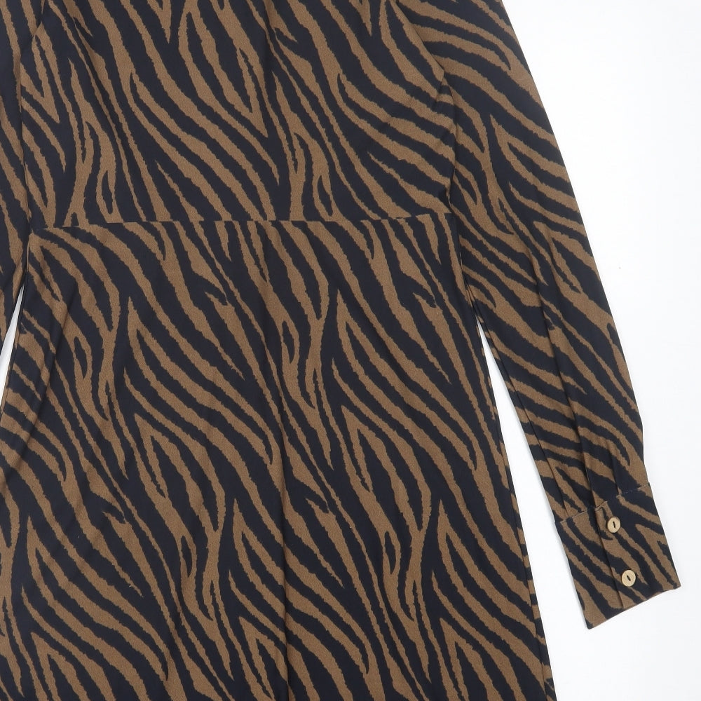 Blue Vanilla Womens Brown Animal Print Polyester A-Line  Size 10  Collared Button