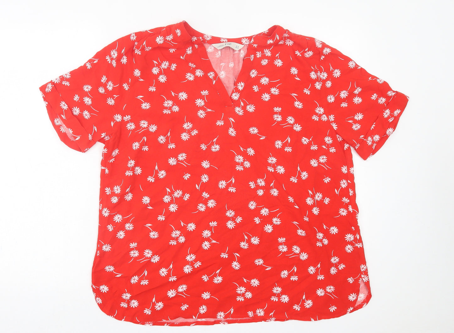 F&F Womens Red Floral Viscose Basic T-Shirt Size 16 V-Neck