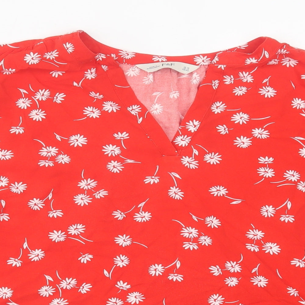 F&F Womens Red Floral Viscose Basic T-Shirt Size 16 V-Neck