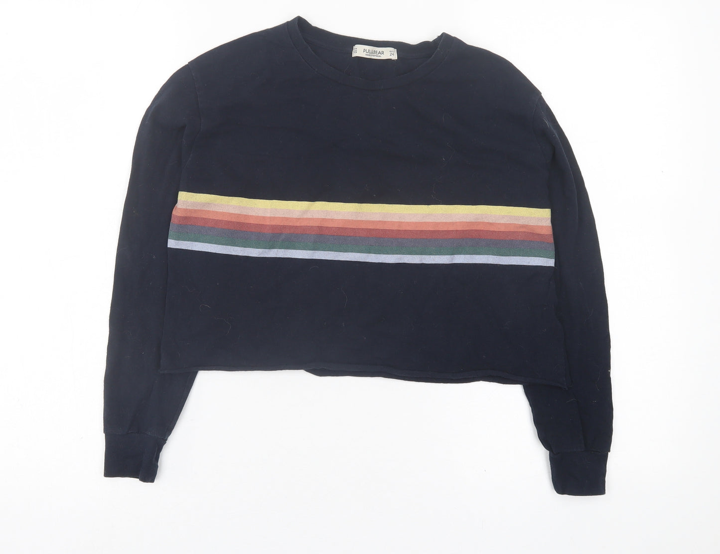Pull&Bear Womens Blue Striped Cotton Cropped T-Shirt Size XS Crew Neck