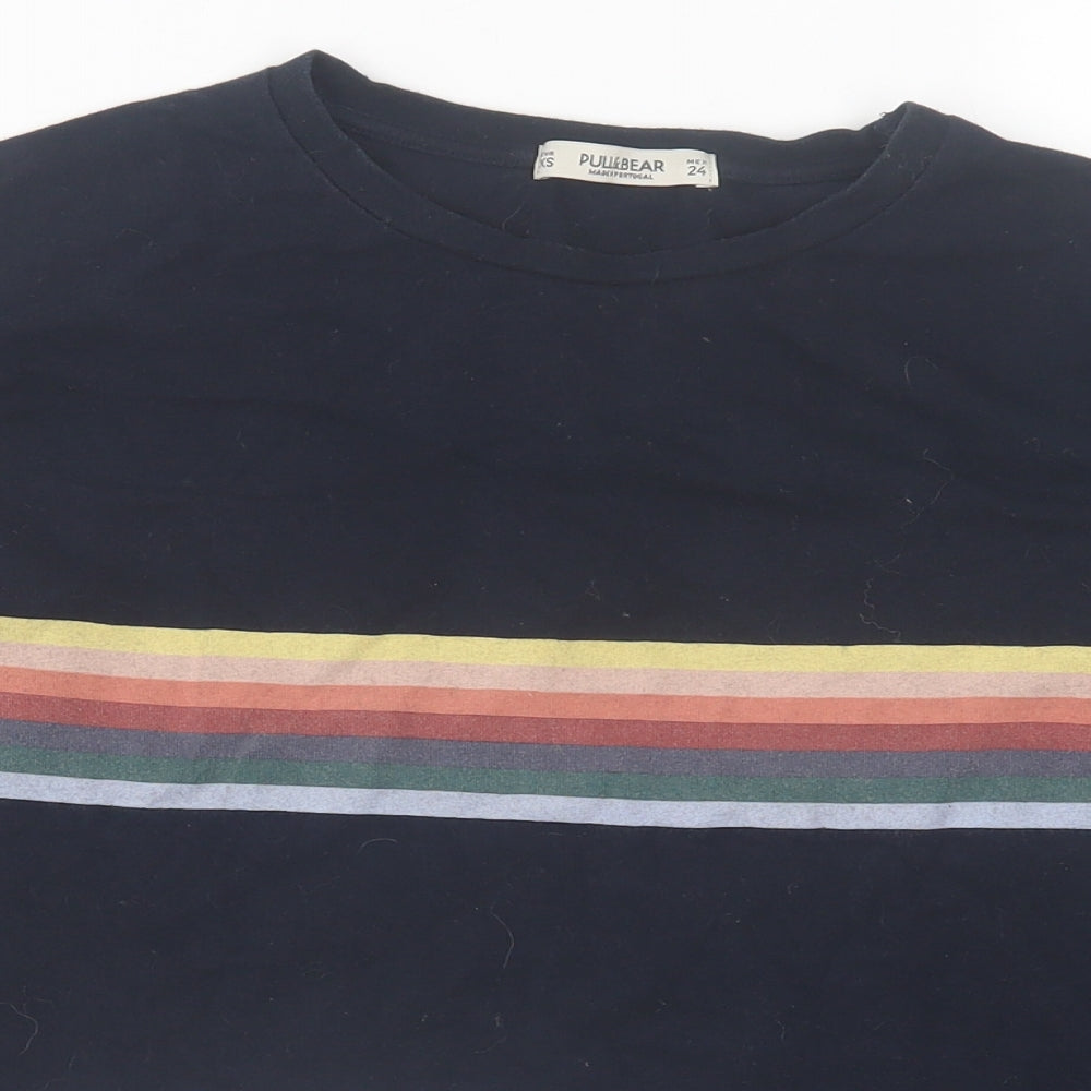 Pull&Bear Womens Blue Striped Cotton Cropped T-Shirt Size XS Crew Neck
