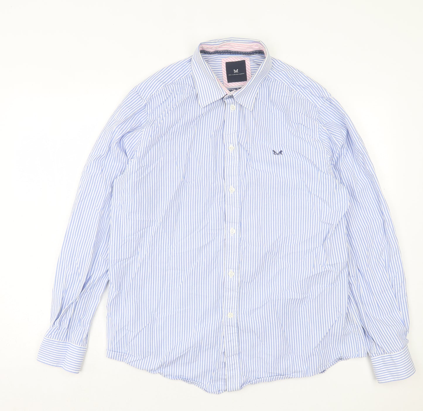 Crew Clothing Mens Blue Striped Cotton  Button-Up Size L Collared Button