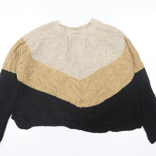 pep&co Womens Brown Crew Neck Striped Acrylic Pullover Jumper Size L
