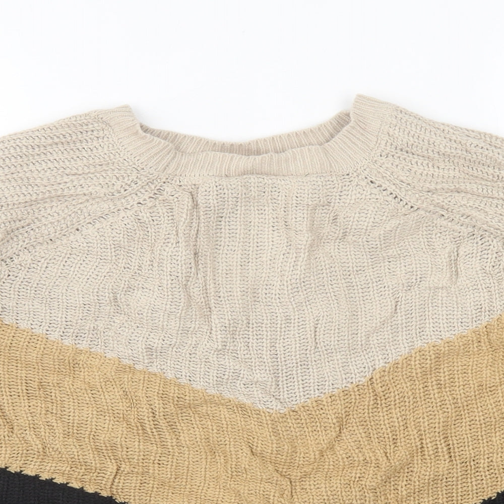 pep&co Womens Brown Crew Neck Striped Acrylic Pullover Jumper Size L