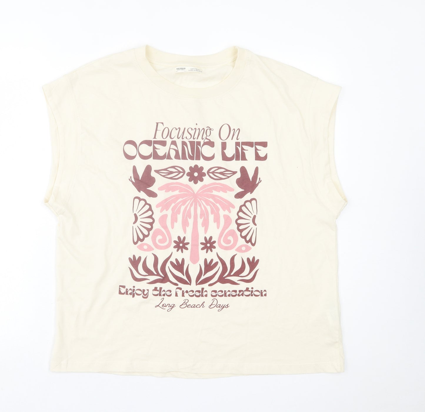 Pull&Bear Womens Ivory  Cotton Basic Tank Size XS Crew Neck