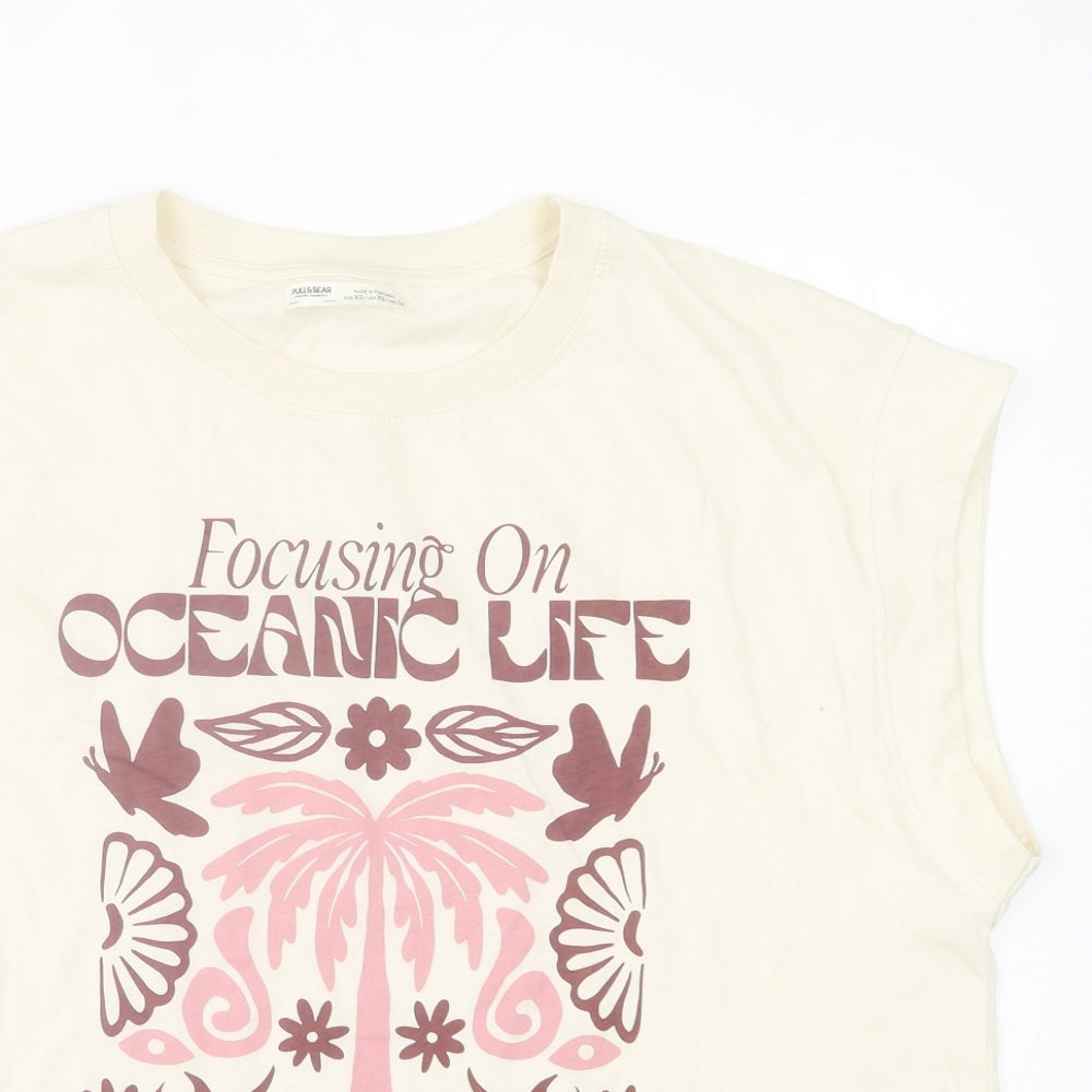 Pull&Bear Womens Ivory  Cotton Basic Tank Size XS Crew Neck