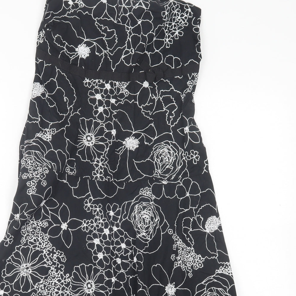 Lipsy Womens Black Floral Cotton A-Line  Size S  Off the Shoulder Zip