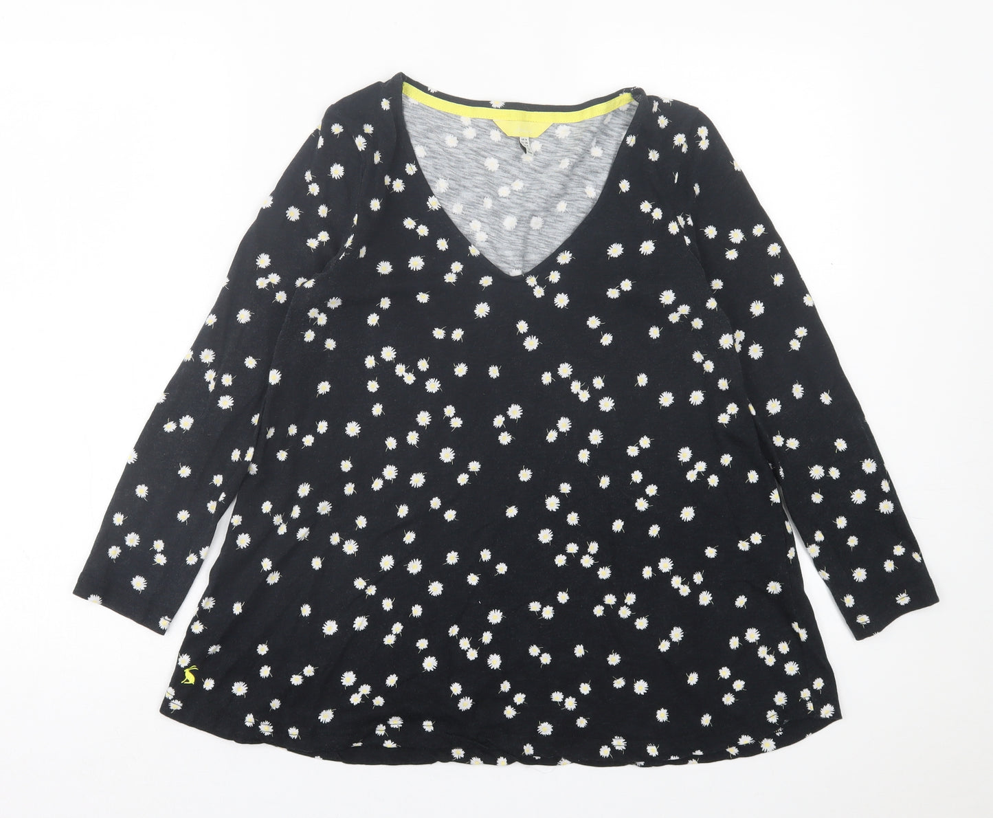 Joules Womens Black Floral Cotton Basic T-Shirt Size 8 V-Neck