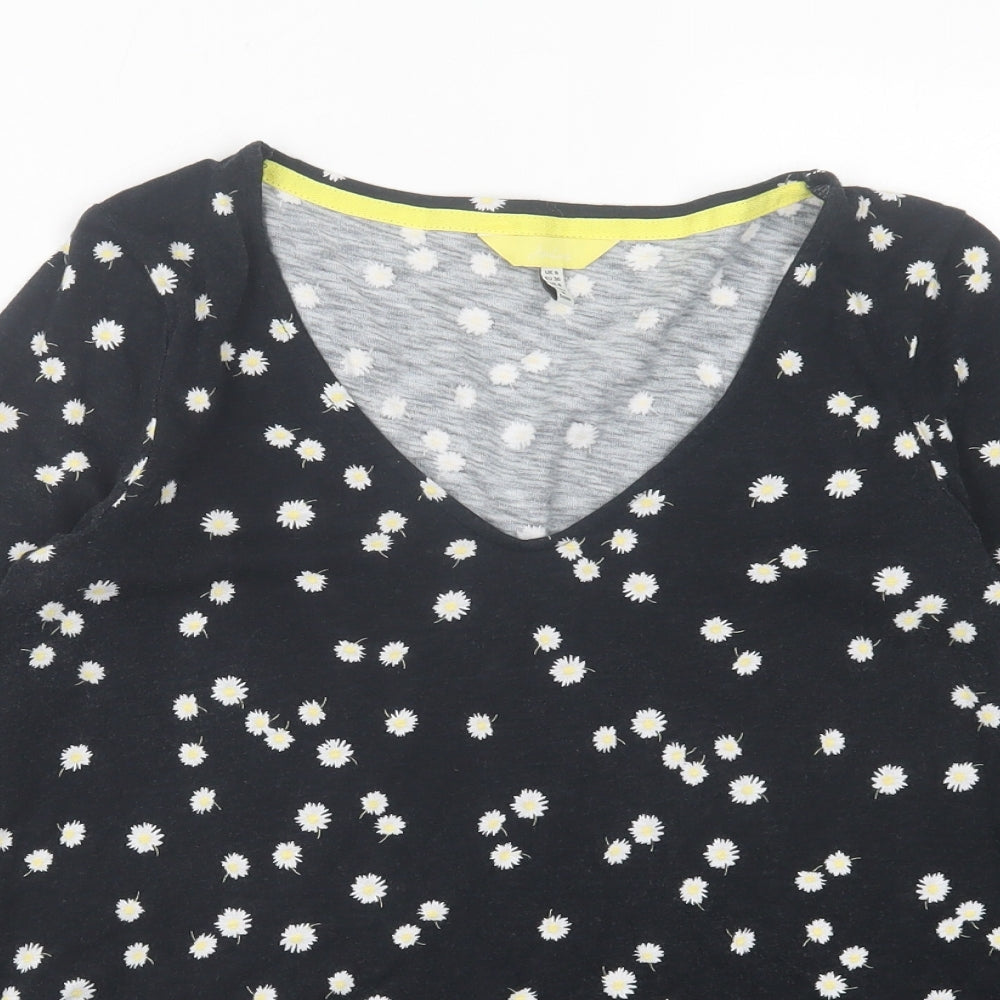 Joules Womens Black Floral Cotton Basic T-Shirt Size 8 V-Neck