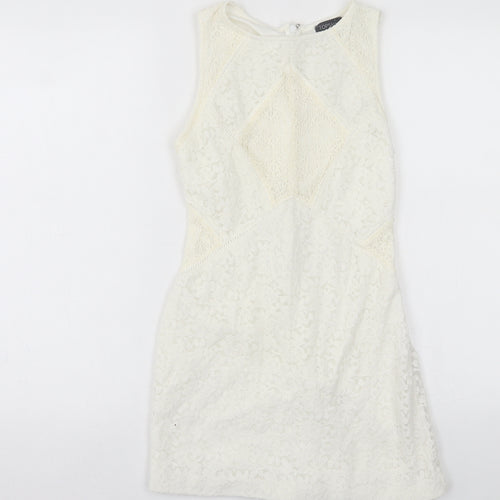 Topshop Womens White Floral Nylon A-Line  Size 10  Crew Neck Zip