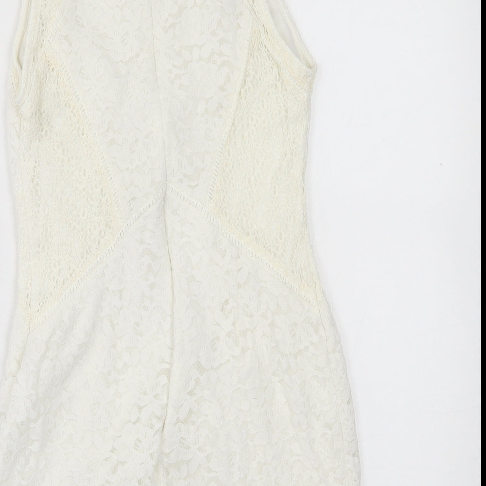 Topshop Womens White Floral Nylon A-Line  Size 10  Crew Neck Zip