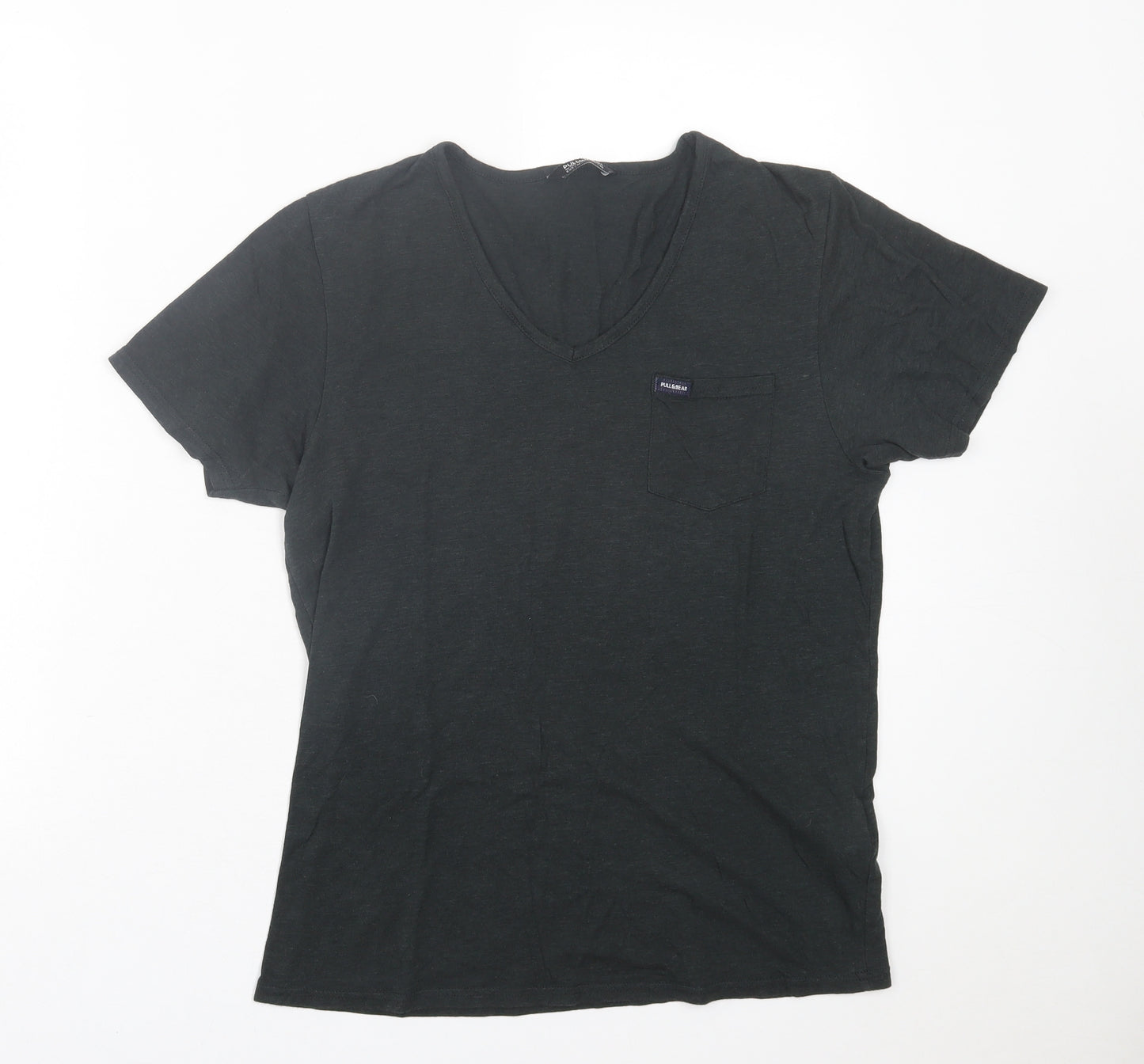 Pull&Bear Womens Green  Cotton Basic T-Shirt Size M V-Neck